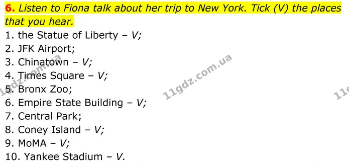 6. Listen to Fiona talk about her trip to New York. Tick (V) the places that you hear. — ГДЗ Англійська мова 8 клас Стайрінг (Prepare)