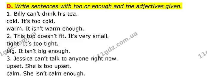 D. Write sentences with too or enough and the adjectives given. — ГДЗ Робочий зошит Англійська мова 6 клас Мітчелл