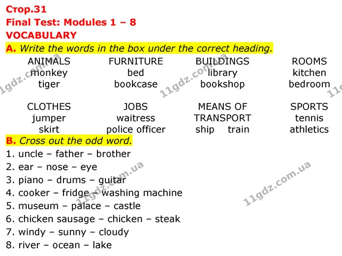 A. Write the words in the box under the correct heading. — ГДЗ Збірник тестів Англійська мова 5 клас Мітчелл (Test Booklet)