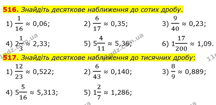 516. Знайдіть десяткове наближення до сотих дробу. — ГДЗ Математика 6 клас Мерзляк 2023 1-2 ч.