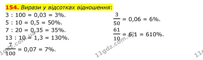 154. Вирази у відсотках відношення: — ГДЗ Математика 6 клас Бевз 1-2 ч.
