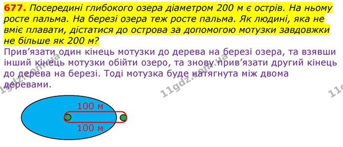 677. Посередині глибокого озера діаметром 200 м є острів. На ньому росте пальма. На березі озера теж росте пальма. Як людині, яка не — ГДЗ Математика 3 клас Лишенко (1, 2 частина)