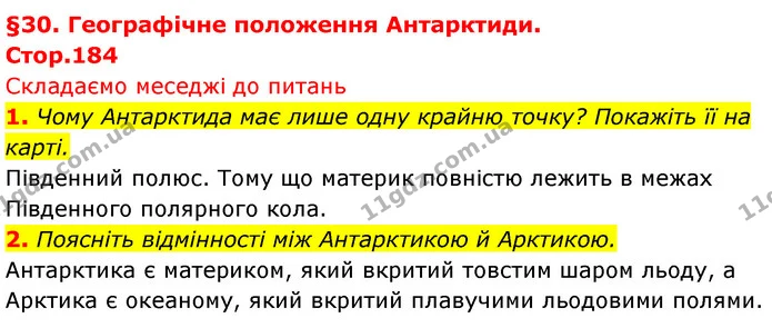 1. Чому Антарктида має лише одну крайню точку? Покажіть її на карті. — ГДЗ Географія 7 клас Безуглий