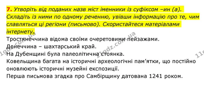 7. Утворіть від поданих назв міст іменники із суфіксом –ин (а). Складіть із ними по одному реченню, увівши інформацію про те, чим — ГДЗ Українська мова 6 клас Авраменко