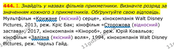 444. І. Знайдіть у назвах фільмів прикметники. Визначте розряд за значенням кожного з прикметників. Обґрунтуйте свою відповідь. — ГДЗ Українська мова 6 клас Заболотний 2023