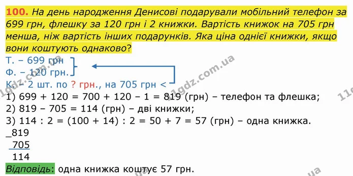 100. На день народження Денисові подарували мобільний телефон за 699 грн, флешку за 120 грн і 2 книжки. Вартість книжок на 705 грн — ГДЗ Математика 4 клас Заїка