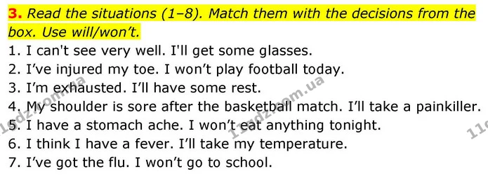 3. Read the situations (1–8). Match them with the decisions from the box. Use will/won’t. — ГДЗ зошит Grammar Англійська мова 8 клас Prepare 2025