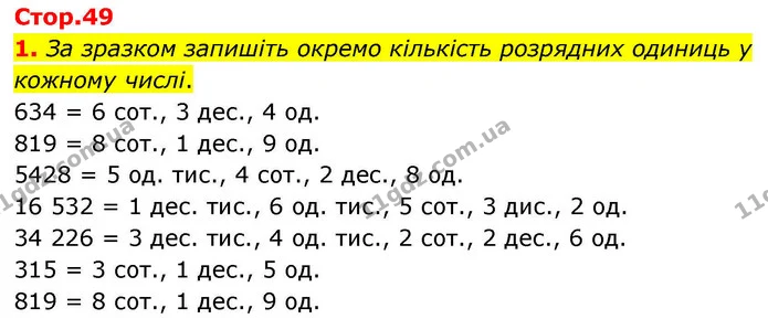 1. За зразком запишіть окремо кількість розрядних одиниць у кожному числі. — ГДЗ Математика 4 клас Логачевська 1 та 2 частини
