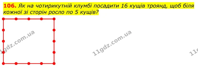106. Як на чотирикутній клумбі посадити 16 кущів троянд, щоб біля кожної зі сторін росло по 5 кущів? — ГДЗ Математика 3 клас Лишенко (1, 2 частина)