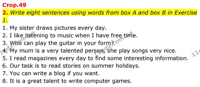 2. Write eight sentences using words from box A and box B in Exercise 1. — ГДЗ Англійська мова 6 клас Коста (Prepare 6)