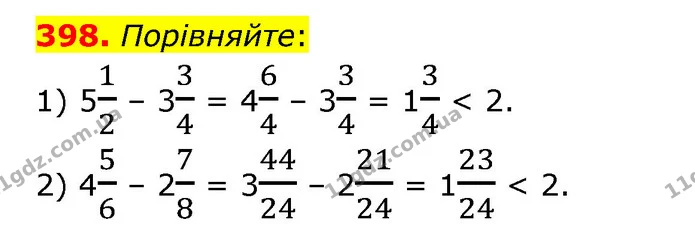 398. Порівняйте: — ГДЗ Математика 6 клас Тарасенкова 2023 1-2 ч.