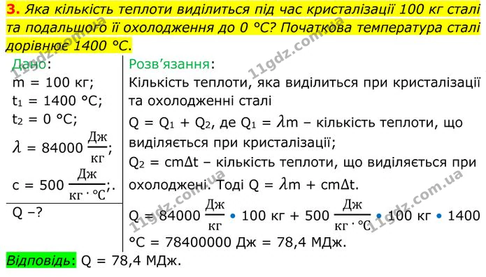3. Яка кількість теплоти виділиться під час кристалізації 100 кг сталі та подальшого її охолодження до 0 °С? — ГДЗ Фізика 8 клас Бар'яхтар