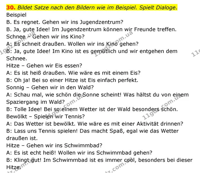 30. Bildet Satze nach den Bildern wie im Beispiel. Spielt Dialoge. — ГДЗ Німецька мова 6 клас Басай (2023)