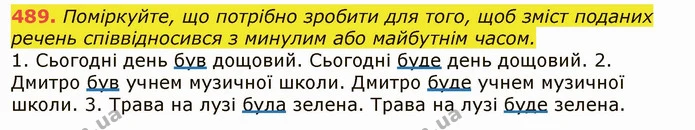 489. Поміркуйте, що потрібно зробити для того, щоб зміст поданих речень співвідносився з минулим або майбутнім часом. — ГДЗ Українська мова 6 клас Заболотний 2019