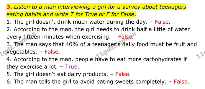 3. Listen to a man interviewing a girl for a survey about teenagers eating habits and write T for True or F for False. — ГДЗ Англійська мова 6 клас Мітчелл