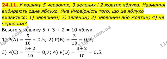 24.11. У кошику 5 червоних, 3 зелених і 2 жовтих яблука. Навмання вибирають одне яблуко. Яка ймовірність того, що це яблуко виявиться — ГДЗ Алгебра 9 клас Істер