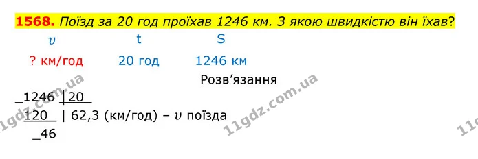 1568. Поїзд за 20 год проїхав 1246 км. З якою швидкістю він їхав? — ГДЗ Математика 5 клас Бевз