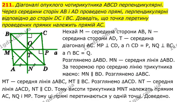 211. Діагоналі опуклого чотирикутника ABCD перпендикулярні. — ГДЗ Геометрія 8 клас Мерзляк