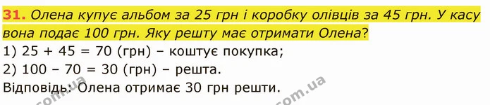 31. Олена купує альбом за 25 грн і коробку олівців за 45 грн. У касу вона подає 100 грн. Яку решту має отримати Олена? — ГДЗ Математика 5 клас Кравчук