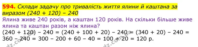 594. Склади задачу про тривалість життя ялини й каштана за виразом (240 + 120) – 240 — ГДЗ Математика 3 клас Лишенко (1, 2 частина)