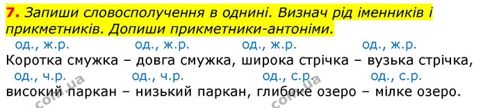 7. Запиши словосполучення в однині. Визнач рід іменників і прикметників. Допиши прикметники-антоніми. — ГДЗ Українська мова та читання 3 клас Большакова 1-2 ч.