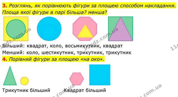 3. Розглянь, як порівнюють фігури за площею способом накладання. Площа якої фігури в парі більша? менша? — ГДЗ Математика 4 клас Скворцова