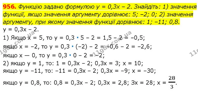 956. Функцію задано формулою y = 0,3x – 2. Знайдіть: 1) значення функції, якщо значення аргументу дорівнює: 5; –2; 0; 2) значення — Алгебра 7 клас Мерзляк 2024