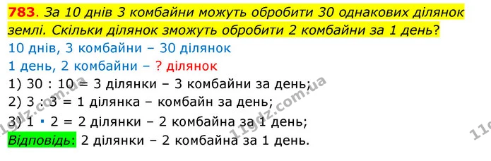 783. За 10 днів 3 комбайни можуть обробити 30 однакових ділянок землі. Скільки ділянок зможуть обробити 2 комбайни за 1 день? — ГДЗ Математика 3 клас Бевз 1 частина