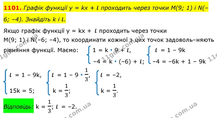 1101. Графік функції у = kx + ι проходить через точки М(9; 1) і N(–6; –4). Знайдіть k і ι. — ГДЗ Алгебра 7 клас Істер 2020