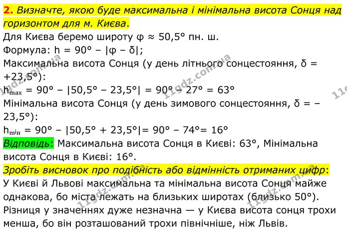 2. Визначте, якою буде максимальна і мінімальна висота Сонця над горизонтом для м. Києва. — ГДЗ Зошит практичні Географія 8 клас Гільберг