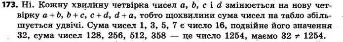 173. Табло показує четвірку чисел. Через кожну хвилину числа a, b, c і d замінюються відповідно числами a + b, b + c, c + d, d + a. Чи — ГДЗ Алгебра 7 клас Кравчук 2015