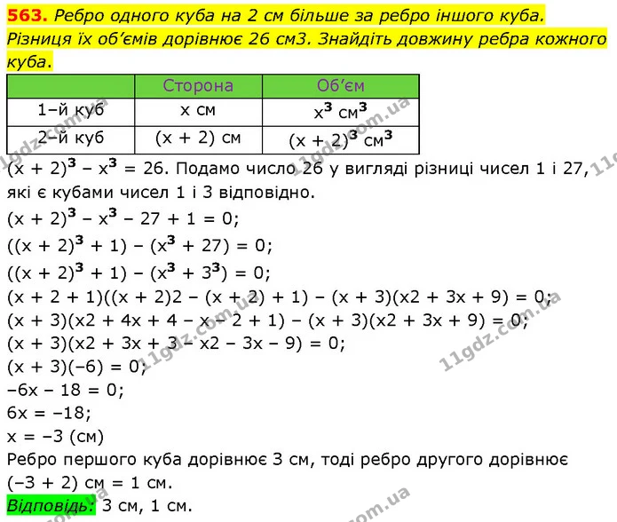 563. Ребро одного куба на 2 см більше за ребро іншого куба. Різниця їх об’ємів дорівнює 26 см3. Знайдіть довжину ребра кожного куба. — ГДЗ Алгебра 7 клас Тарасенкова 2024