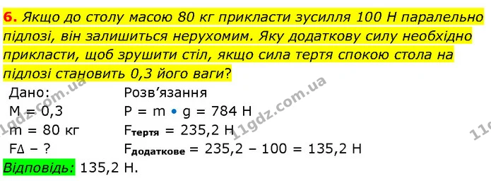 6. Якщо до столу масою 80 кг прикласти зусилля 100 Н паралельно підлозі, він залишиться нерухомим. Яку додаткову силу необхідно — ГДЗ Фізика 7 клас Засєкіна