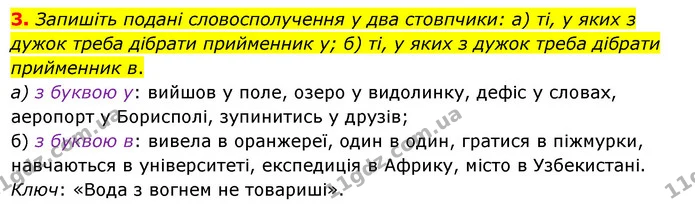 3. Запишіть подані словосполучення у два стовпчики: а) ті, у яких з дужок треба дібрати прийменник у; б) ті, у яких з дужок треба — ГДЗ Українська мова 6 клас Ворон, Солопенко