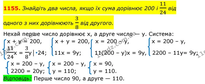 1155. Знайдіть два числа, якщо їх сума дорівнює 200 і 1124 від — ГДЗ Алгебра 7 клас Істер 2020