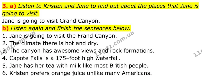 3. a) Listen to Kristen and Jane to find out about the places that Jane is going to visit. — ГДЗ Англійська мова 8 клас Карпюк 2025