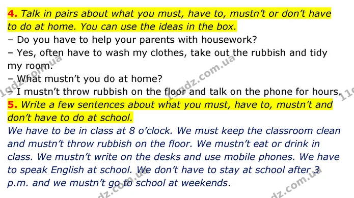 4. Talk in pairs about what you must, have to, mustn’t or don’t have to do at home. You can use the ideas in the box. — ГДЗ Англійська мова 6 клас Мітчелл