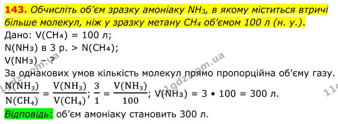 143. Обчисліть об’єм зразку амоніаку NH3, в якому міститься втричі більше молекул, ніж у зразку метану CH4 об’ємом 100 л (н. у.). — ГДЗ Хімія 8 клас Григорович
