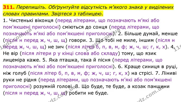 311. Перепишіть. Обґрунтуйте відсутність м’якого знака у виділених словах правилами. Звіртеся з таблицею. — ГДЗ Українська мова 5 клас Глазова 2022