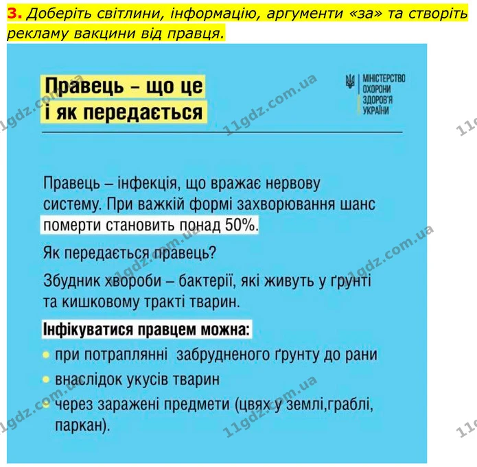 3. Доберіть світлини, інформацію, аргументи «за» та створіть рекламу вакцини від правця. — ГДЗ Біологія 7 клас Тагліна