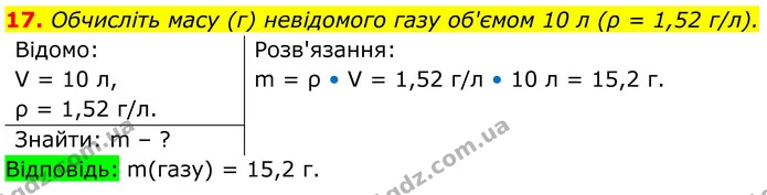 17. Обчисліть масу (г) невідомого газу об'ємом 10 л (ρ = 1,52 г/л). — ГДЗ Хімія 8 клас Мідак