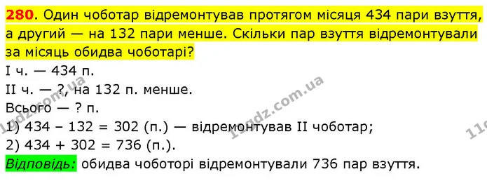 280. Один чоботар відремонтував протягом місяця 434 пари взуття, а другий — на 132 пари менше. Скільки пар взуття відремонтували за — ГДЗ Математика 3 клас Будна 1-2 ч.