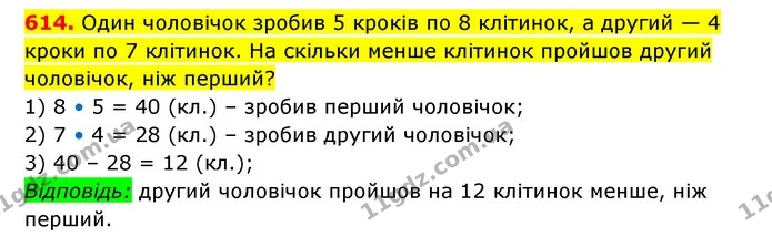 614. Один чоловічок зробив 5 кроків по 8 клітинок, а другий — 4 кроки по 7 клітинок. На скільки менше клітинок пройшов другий — ГДЗ Математика 3 клас Будна 1-2 ч.