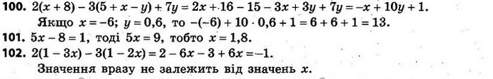 100. Знайдіть значення виразу 2(x + 8) – 3(5 + х – y) + 7y, якщо — ГДЗ Алгебра 7 клас Кравчук 2015
