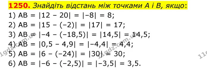 1250. Знайдіть відстань між точками A i В, якщо: — ГДЗ Математика 6 клас Тарасенкова 2023 1-2 ч.