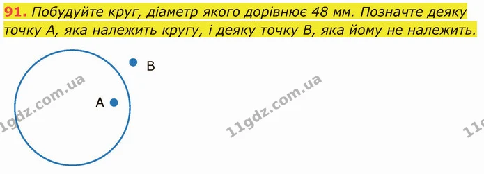 91. Побудуйте круг, діаметр якого дорівнює 48 мм. Позначте деяку точку А, яка належить кругу, і деяку точку В, яка йому не належить. — ГДЗ Математика 5 клас Кравчук
