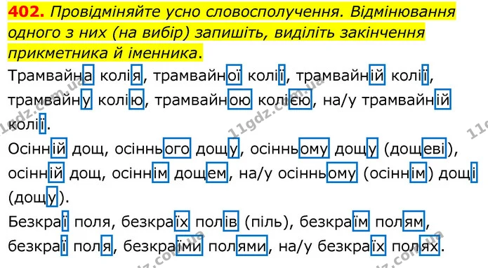 402. Провідміняйте усно словосполучення. Відмінювання одного з них (на вибір) запишіть, виділіть закінчення прикметника й іменника. — ГДЗ Українська мова 6 клас Заболотний 2020
