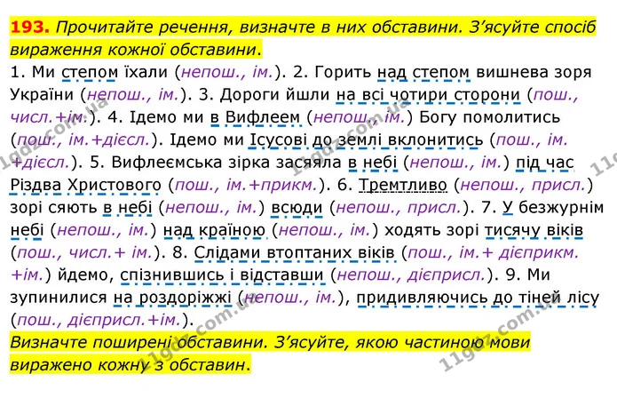 193. Прочитайте речення, визначте в них обставини. З’ясуйте спосіб вираження кожної обставини. — ГДЗ Українська мова 8 клас Глазова О.П. 2021