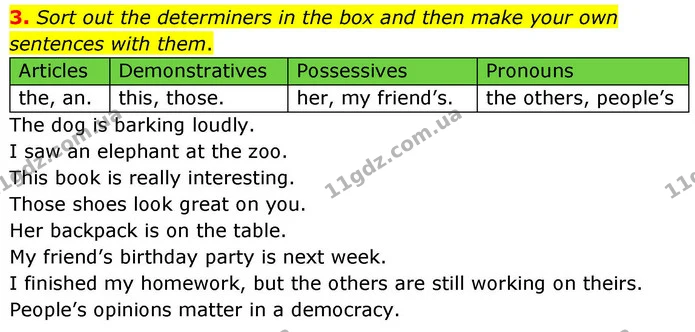 3. Sort out the determiners in the box and then make your own sentences with them. — ГДЗ зошит grammar Англійська мова 7 клас Карпюк