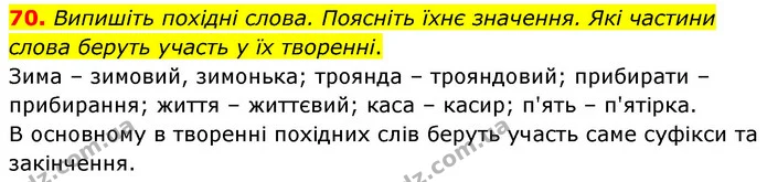 70. Випишіть похідні слова. Поясніть їхнє значення. Які частини слова беруть участь у їх творенні. — ГДЗ Українська мова 6 клас Голуб 2023